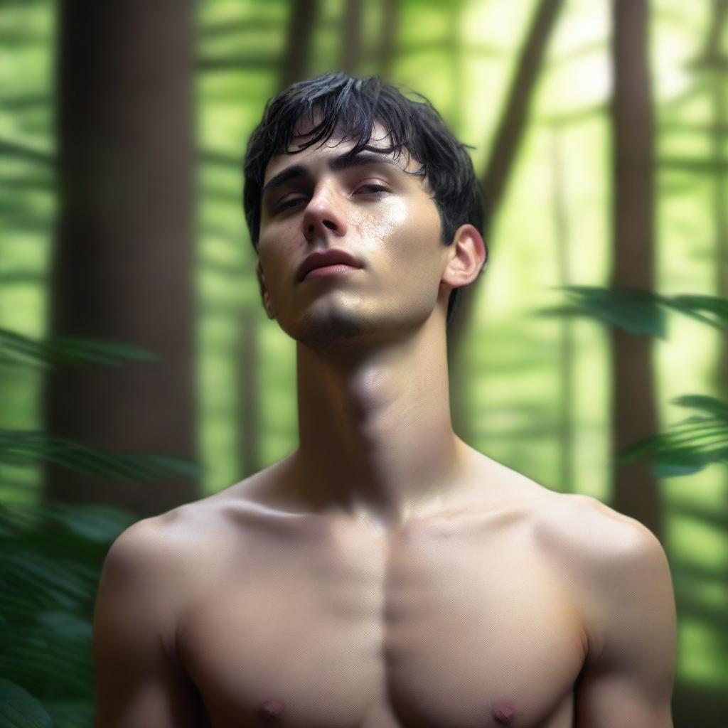 A photorealistic image of a young European man with short black hair, standing naked in a green forest, praying