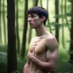 A photorealistic image of a young European man with short black hair, standing naked in a green forest, praying