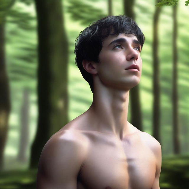 A photorealistic image of a young European man with short black hair, standing naked in a green forest, praying