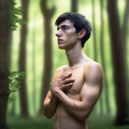 A photorealistic image of a young European man with short black hair, standing naked in a green forest, praying