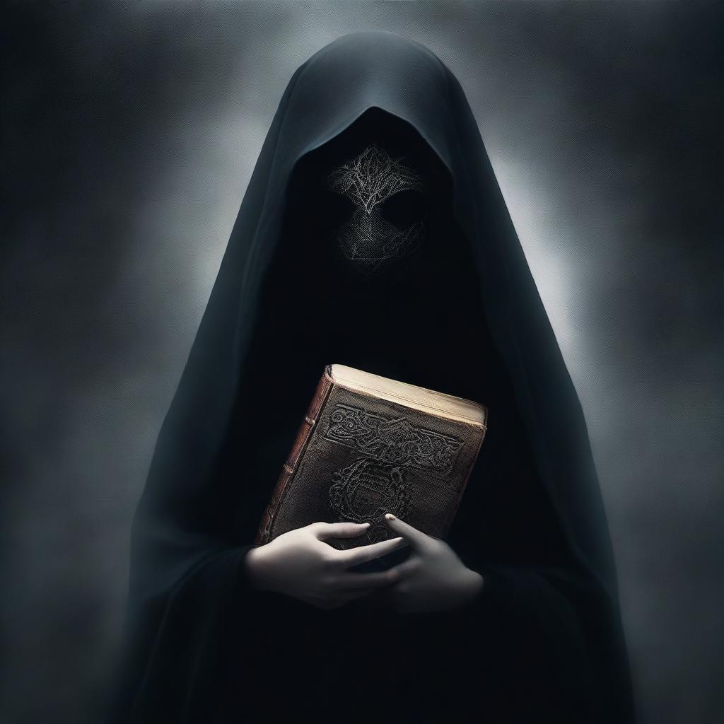 A mysterious woman covered in a black transparent veil, hugging a book tightly to her chest