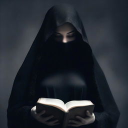 A mysterious woman covered in a black transparent veil, hugging a book tightly to her chest