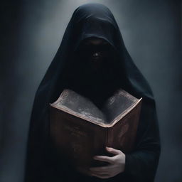 A mysterious woman covered in a black transparent veil, hugging a book tightly to her chest