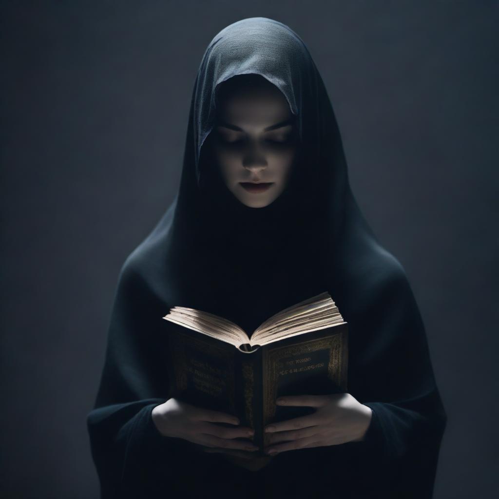 A mysterious woman covered in a black transparent veil, hugging a book tightly to her chest