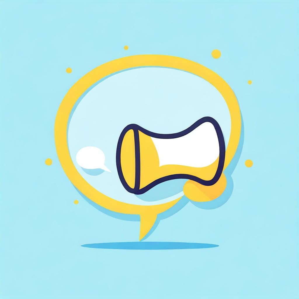 Create a photograph-like image featuring a small white-yellow megaphone right in the middle of a big speech bubble on a light blue background