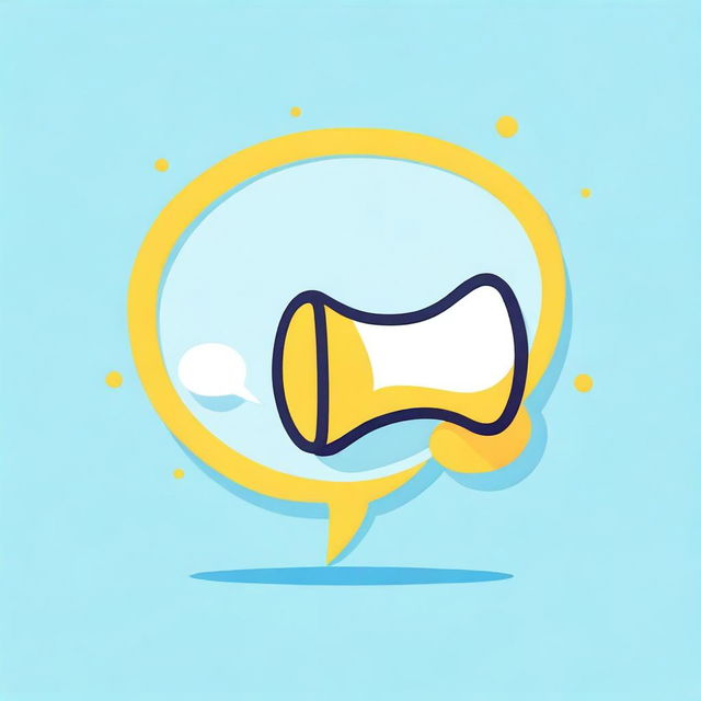 Create a photograph-like image featuring a small white-yellow megaphone right in the middle of a big speech bubble on a light blue background