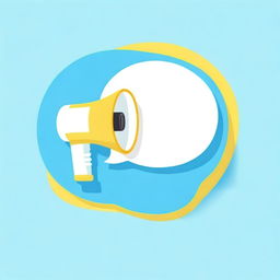 Create a photograph-like image featuring a small white-yellow megaphone right in the middle of a big speech bubble on a light blue background