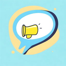 Create a photograph-like image featuring a small white-yellow megaphone right in the middle of a big speech bubble on a light blue background