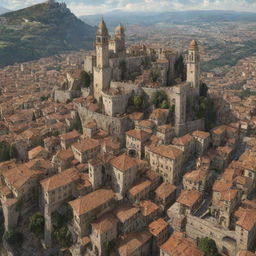 A detailed image of the city of San Marino, seamlessly transformed with a steampunk aesthetic, complete with intricate cogs, steam-powered machinery, and rich brass elements blending with the city's historical architecture.