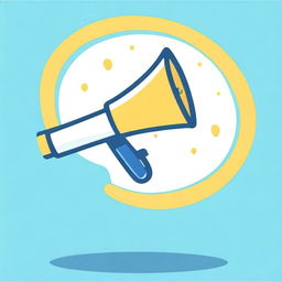 Create a photograph-like image featuring a small white-yellow megaphone right in the middle of a big speech bubble on a light blue background