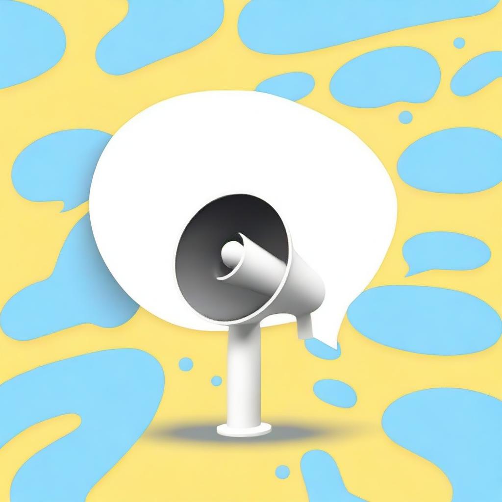 Create a realistic, photograph-like image featuring a small white-yellow megaphone right in the middle of a big speech bubble with a light blue background