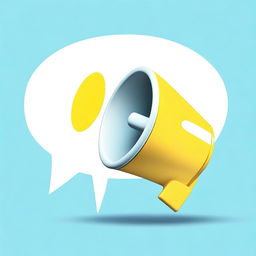 Create a realistic, photograph-like image featuring a small white-yellow megaphone right in the middle of a big speech bubble with a light blue background