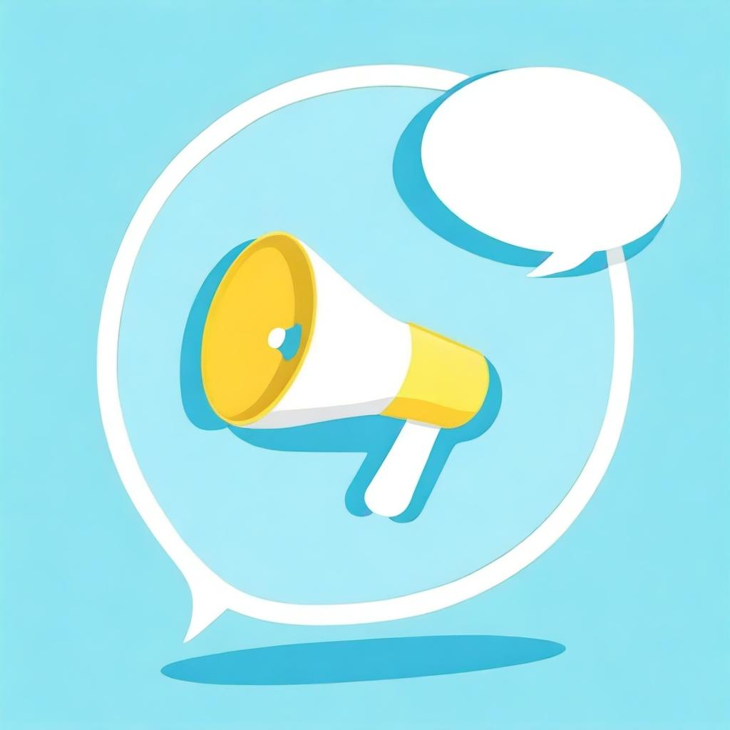 Create a realistic, photograph-like image featuring a small white-yellow megaphone right in the middle of a big speech bubble with a light blue background