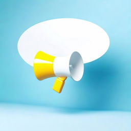 Create a realistic, photograph-like image featuring a small white-yellow megaphone right in the middle of a big speech bubble with a light blue background