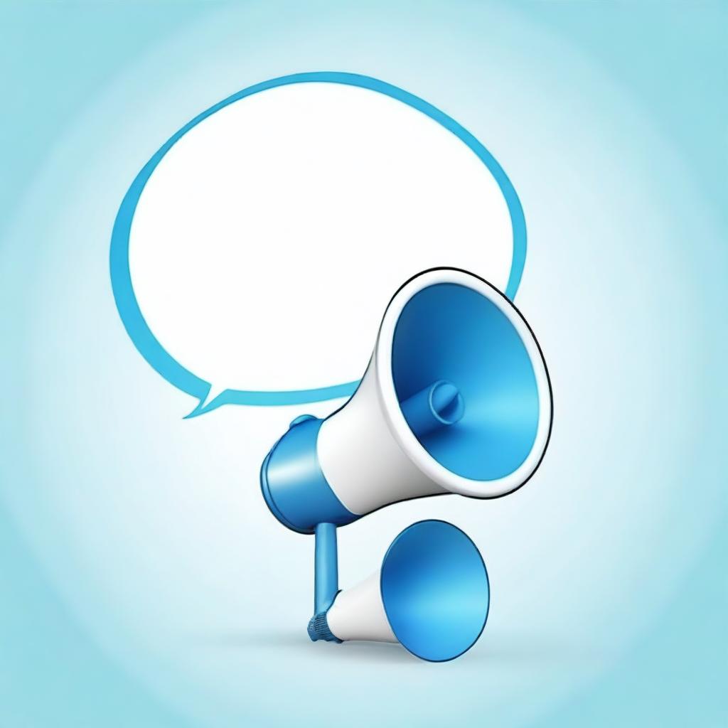 Create a realistic, photograph-like image featuring a small white-blue megaphone right in the middle of a big speech bubble with a light blue background