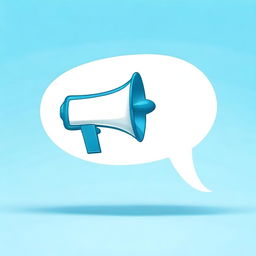 Create a realistic, photograph-like image featuring a small white-blue megaphone right in the middle of a big speech bubble with a light blue background