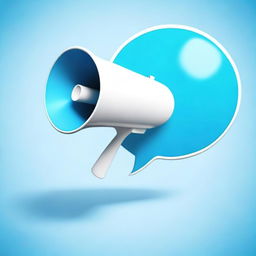 Create a realistic, photograph-like image featuring a small white-blue megaphone right in the middle of a big speech bubble with a light blue background