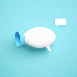 Create a realistic, photograph-like image featuring a small white-blue megaphone right in the middle of a big speech bubble with a light blue background