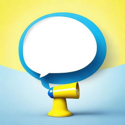 Create a realistic, photograph-like image featuring a small white-blue megaphone right in the middle of a big yellow speech bubble with a blue background