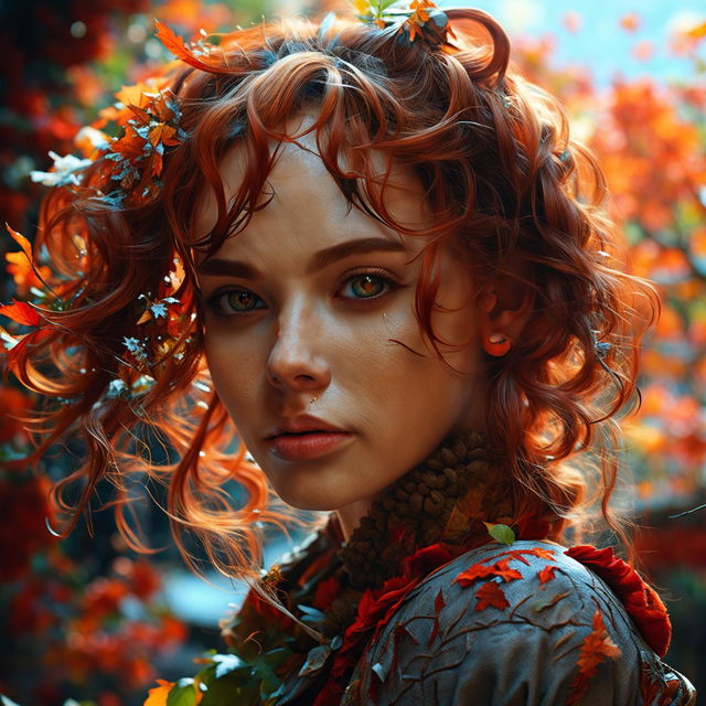 Intense close-up of a different Russian elfish woman with fiery red hair and elf ears in a vibrant, flower-filled rococo Russian town on an autumn day. Her face is intricately detailed under immaculate composition and lighting.