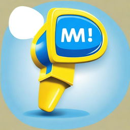 Create a realistic, photograph-like image featuring a small white-blue megaphone right in the middle of a big yellow speech bubble with a blue background