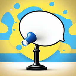 Create a realistic, photograph-like image featuring a small white-blue megaphone right in the middle of a big yellow speech bubble with a blue background