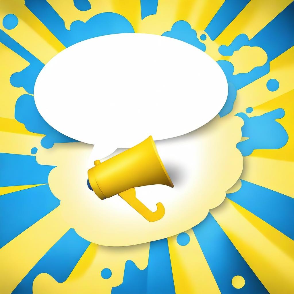 Create a realistic, photograph-like image featuring a small white-blue megaphone right in the middle of a big yellow speech bubble with a blue background