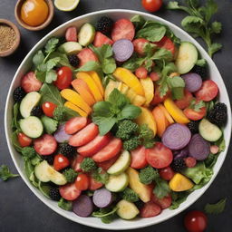 A vibrant, freshly-prepared salad composed of diverse colorful vegetables and fruits, garnished with herbs.