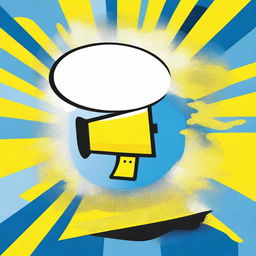 A yellow, white, and blue real-life style megaphone placed in the center of a large speech bubble, designed for a gospel booklet