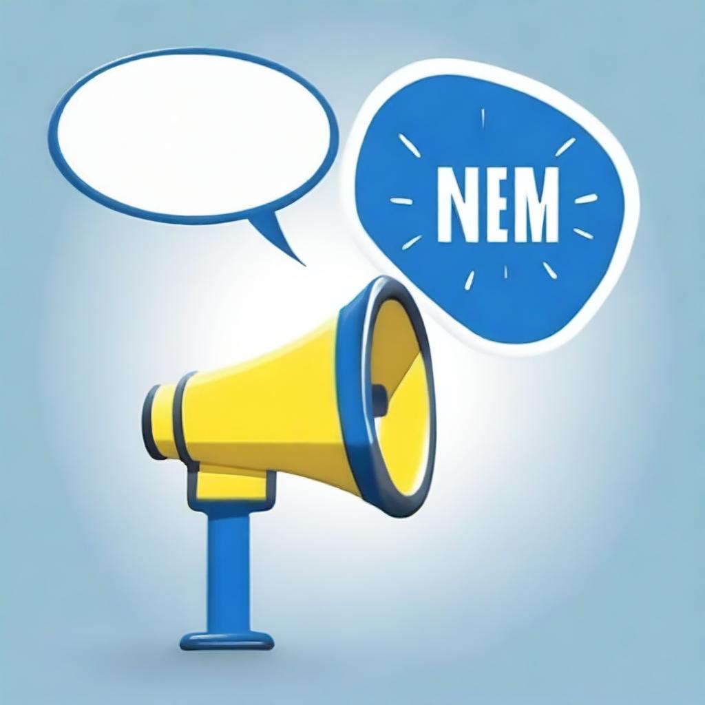 A yellow, white, and blue realistic megaphone placed in the center of a large speech bubble, designed for a gospel booklet