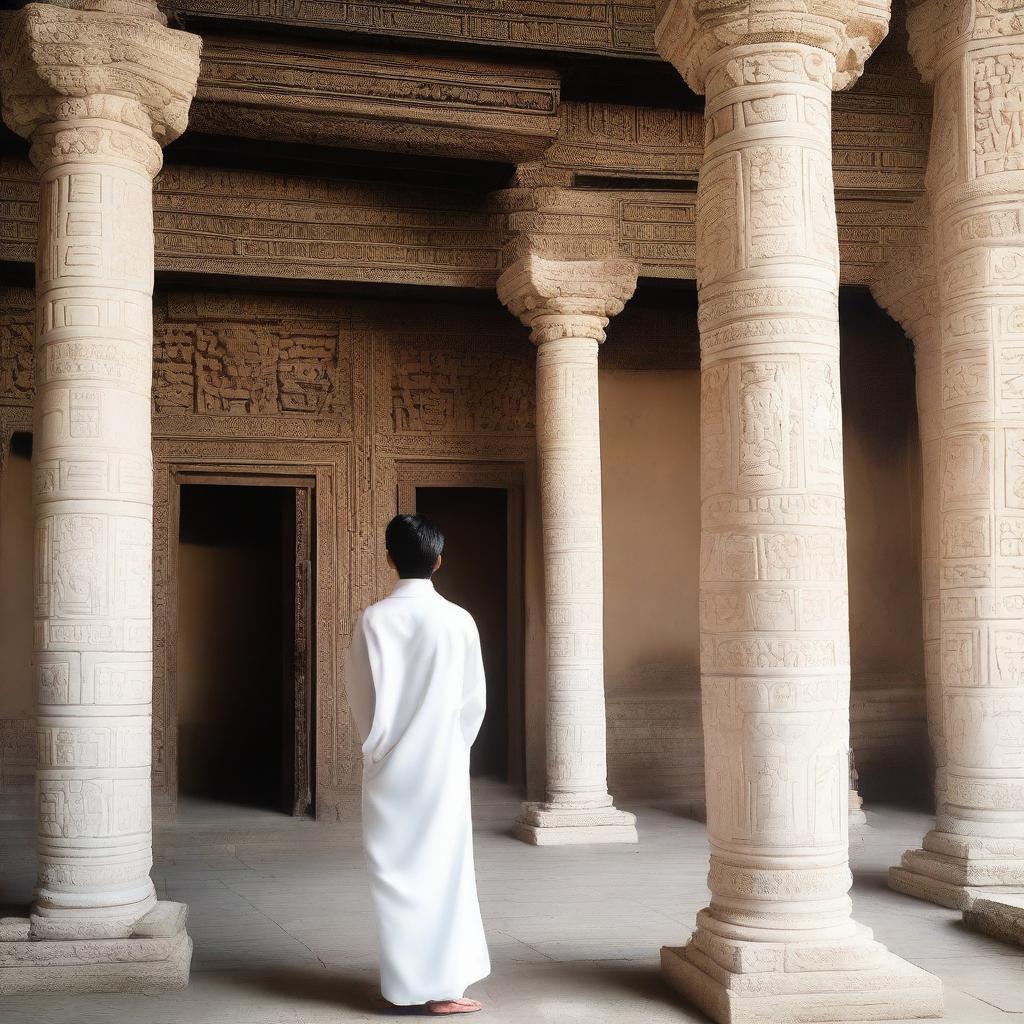 A European young man with short black hair, dressed in white spiritual robes, is attentively listening to people inside an ancient temple