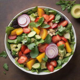 A vibrant, freshly-prepared salad composed of diverse colorful vegetables and fruits, garnished with herbs.