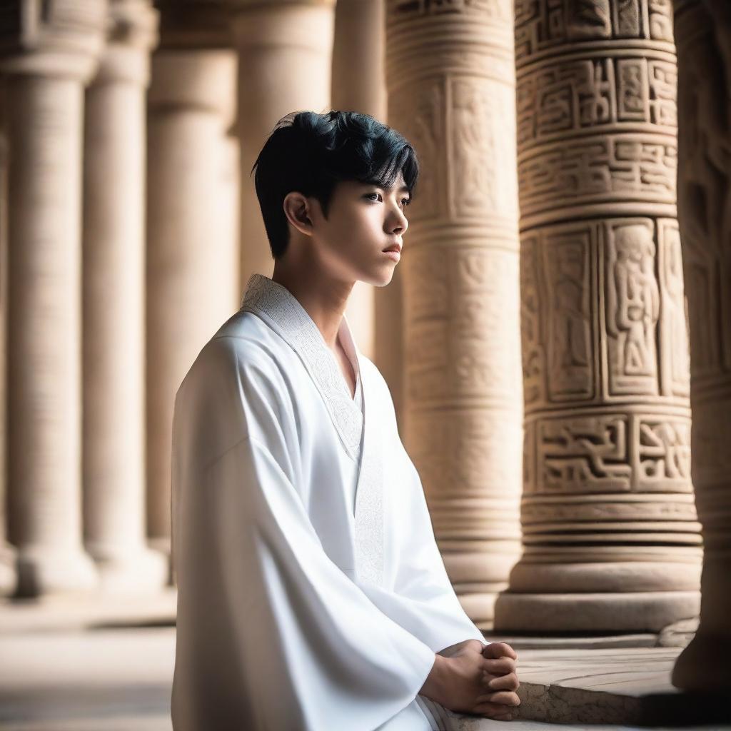 A European young man with short black hair, dressed in white spiritual robes, is attentively listening to people inside an ancient temple