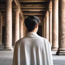 A European young man with short black hair, dressed in white spiritual robes, is attentively listening to people inside an ancient temple