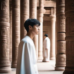 A European young man with short black hair, dressed in white spiritual robes, is attentively listening to people inside an ancient temple