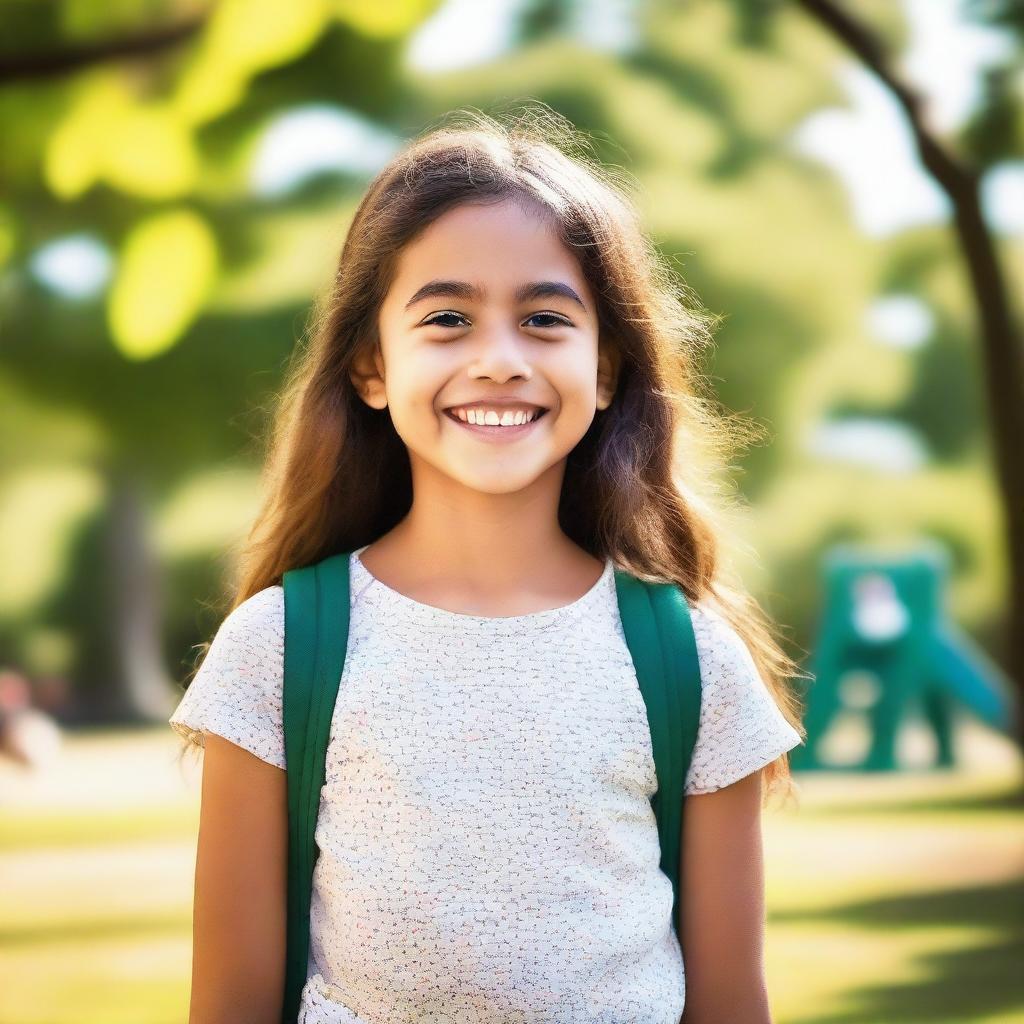 Create an image of a young girl with a cheerful expression, wearing casual clothing, and standing in a park with a bright, sunny atmosphere