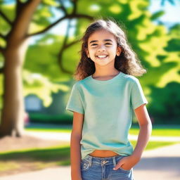 Create an image of a young girl with a cheerful expression, wearing casual clothing, and standing in a park with a bright, sunny atmosphere