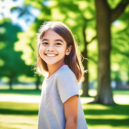 Create an image of a young girl with a cheerful expression, wearing casual clothing, and standing in a park with a bright, sunny atmosphere