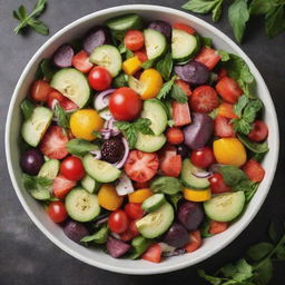 A vibrant, freshly-prepared salad composed of diverse colorful vegetables and fruits, garnished with herbs.