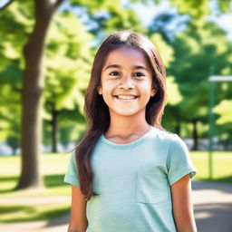 Create an image of a young girl with a cheerful expression, wearing casual clothing, and standing in a park with a bright, sunny atmosphere