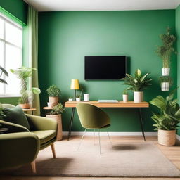 A cozy studio room with green walls, featuring a comfortable seating area, a desk with a computer, and some indoor plants