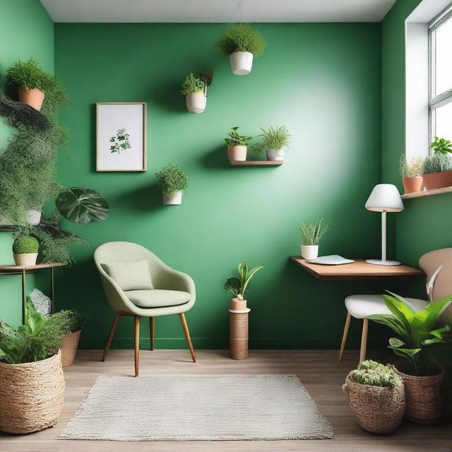 A cozy studio room with green walls, featuring a comfortable seating area, a desk with a computer, and some indoor plants