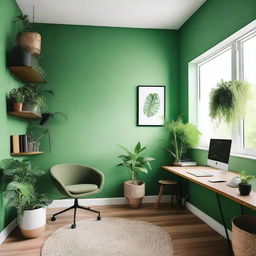 A cozy studio room with green walls, featuring a comfortable seating area, a desk with a computer, and some indoor plants