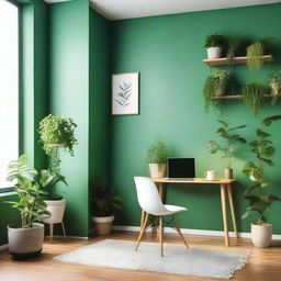 A cozy studio room with green walls, featuring a comfortable seating area, a desk with a computer, and some indoor plants