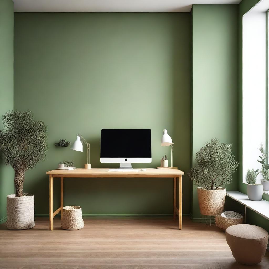 A studio setup with green olive walls, featuring a single desk