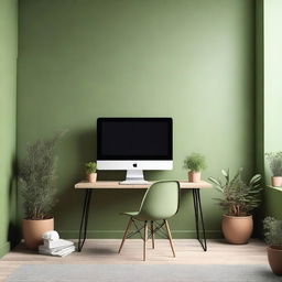 A studio setup with green olive walls, featuring a single desk