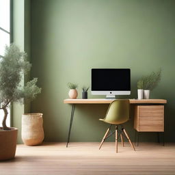 A studio setup with green olive walls, featuring a single desk