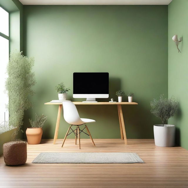 A studio setup with green olive walls, featuring a single desk