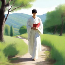 A European young man with short black hair wearing white spiritual robes is walking in a lush, green natural setting