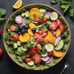 A vibrant, freshly-prepared salad composed of diverse colorful vegetables and fruits, garnished with herbs.